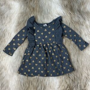 Carter’s Baby Girl Gray Gold Heart Dress 12M Long Sleeve Ruffle Dress